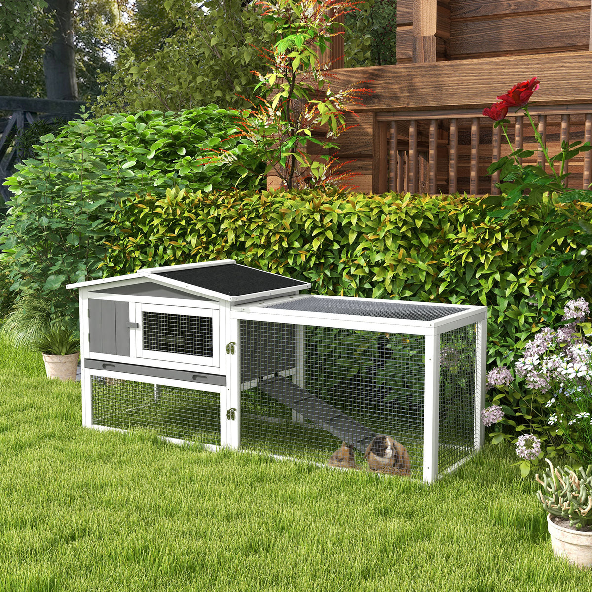 Fir wood rabbit hutch, small animal house with asphalt roof, small animal enclosure, 156 x 58 x 68 cm, light (2)