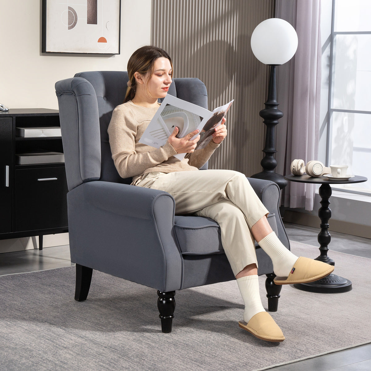 Wingback chair, reclining chair, armchair, vintage design, button tufting, turned legs, 74 cm x 86 cm x 102 cm (8)