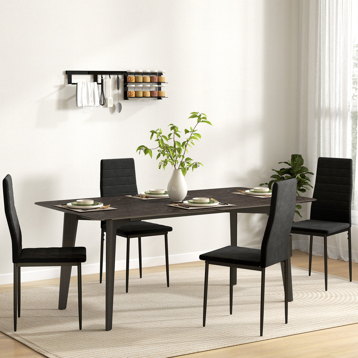 Set of 4 dining chairs, armless design, fabric upholstery, metal legs, black (2)
