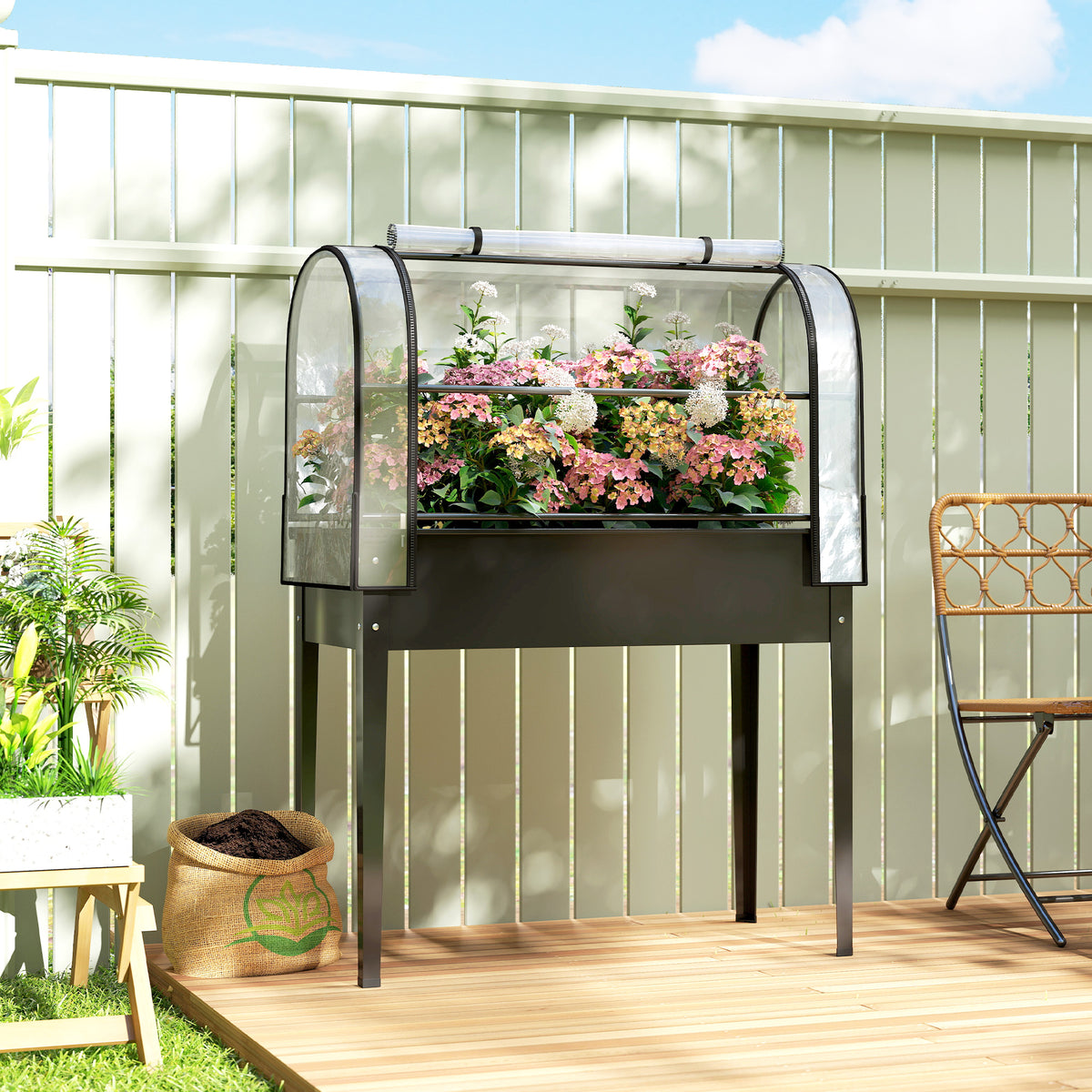 Raised bed with greenhouse attachment, planter box with hinged cover, on wheels, zipper door, drainage hole (2)