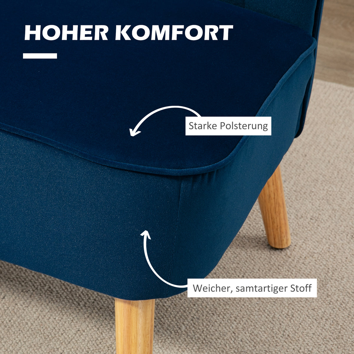Retro-design 2-seater sofa, wooden legs, 117 cm x 56.5 cm x 77 cm, blue (4)