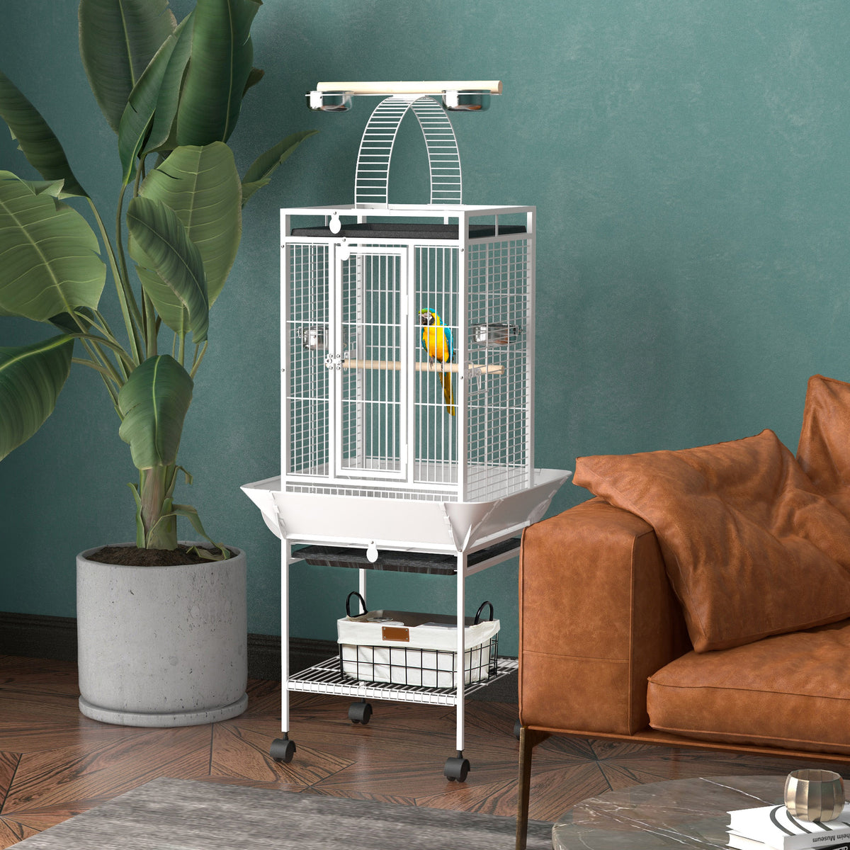 Bird cage, parrot cage with 3 doors, 2 perches, 360° wheels, feeding bowl, storage shelf, play top (2)