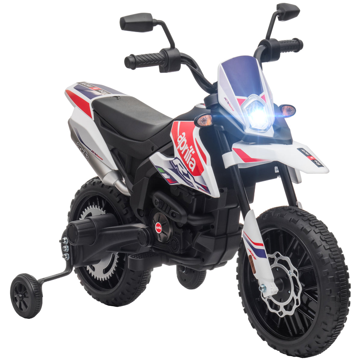 12V Kids' Motorcycle with Training Wheels, LED Lights, Music, USB, Electric Motorcycle for Boys and Girls, White
