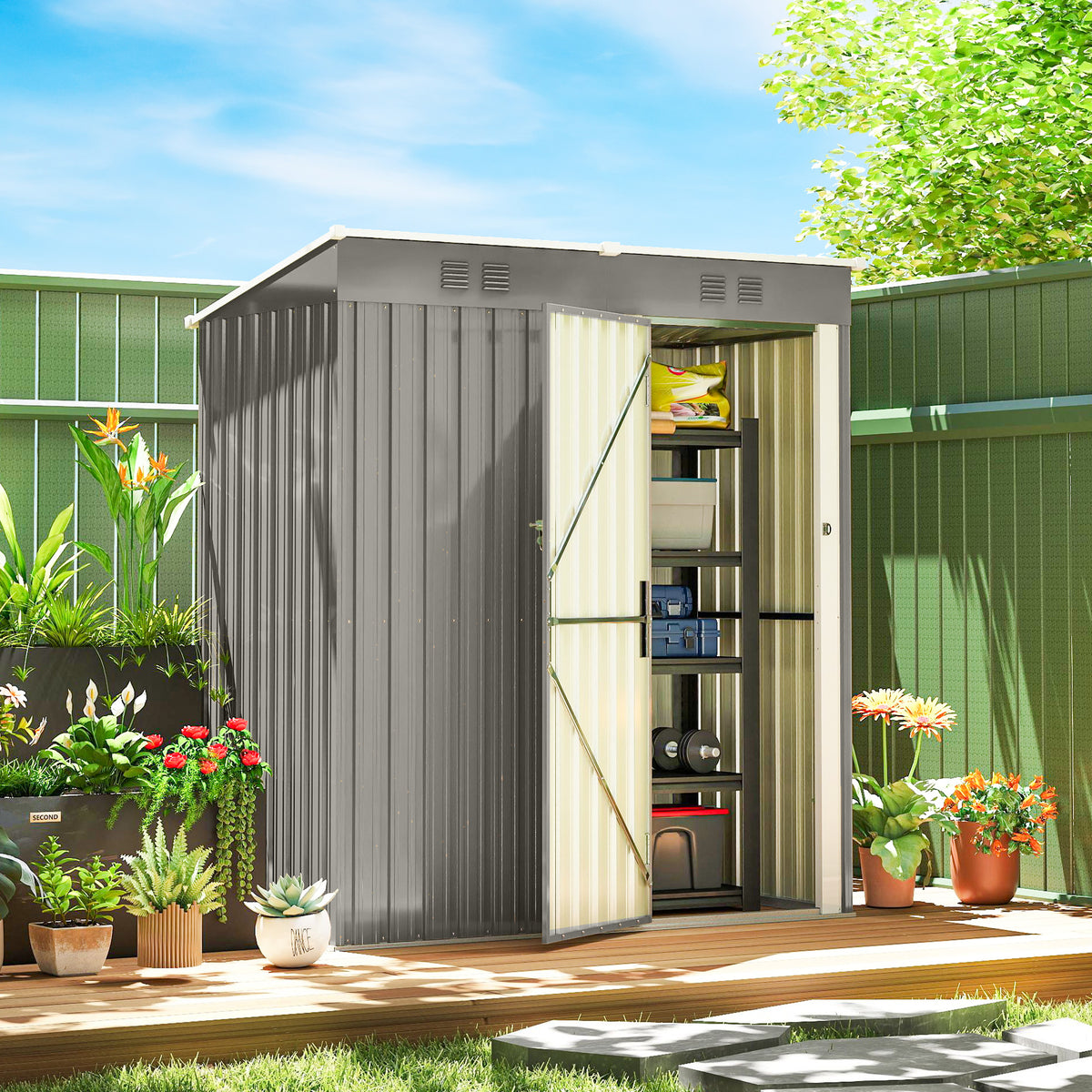 Metal tool shed 1.37 m², lockable equipment shed with ventilation, pent roof, gloves, 163 x 90 x 179 cm (2)