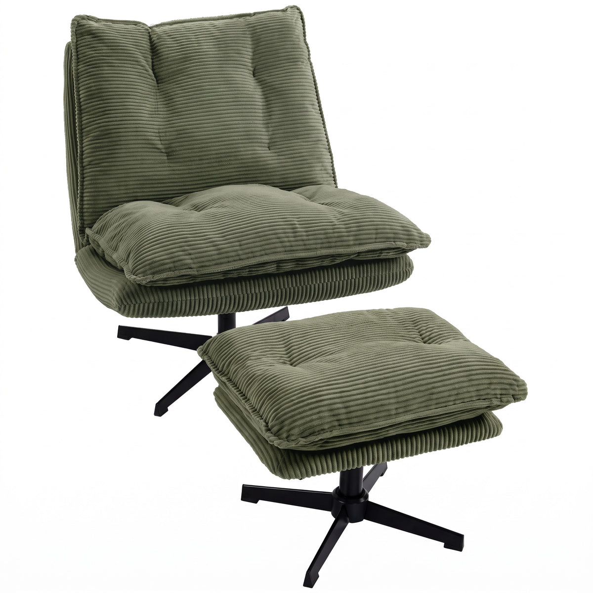 Lounge chair with ottoman, 360° swivel, corduroy upholstery, height-adjustable footrest, green