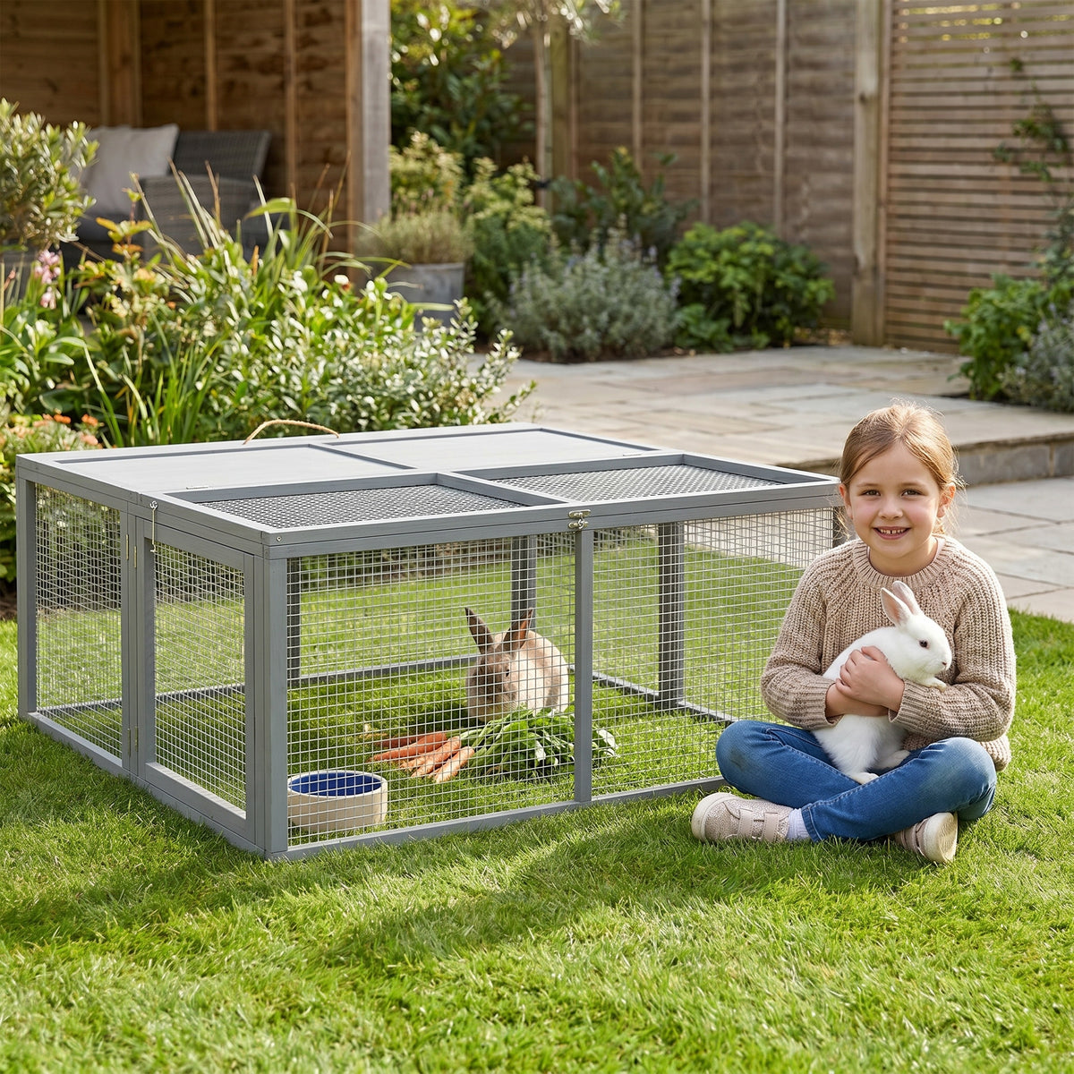 Small animal cage, rabbit hutch, hinged roof, fir wood, 110 x 105 x 50 cm, gray (2)