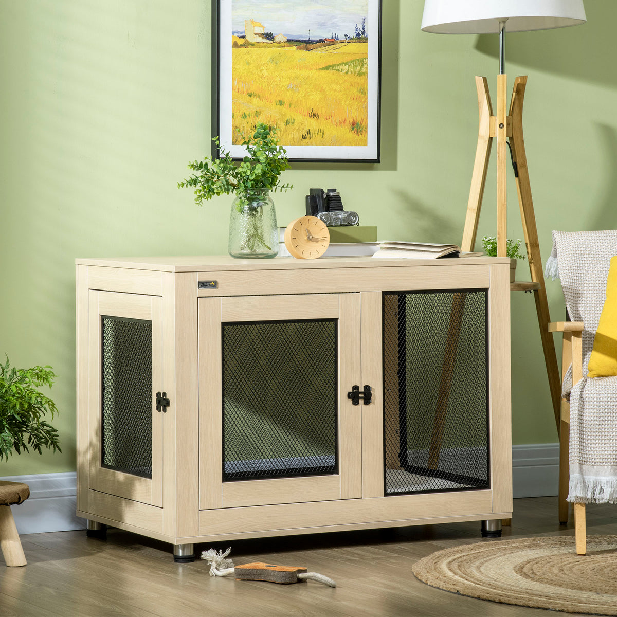 Dog crate dog cage, modern design, lockable, 2 doors, 94 cm x 60 cm x 71.5 cm, natural + black (2)