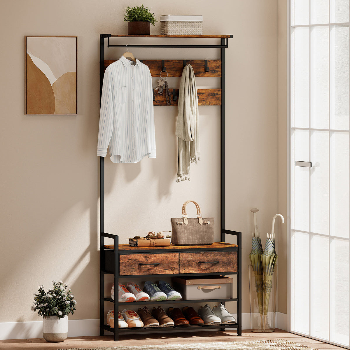 Coat rack with hooks, shoe bench, industrial entry organizer, steel frame, rustic brown (2)