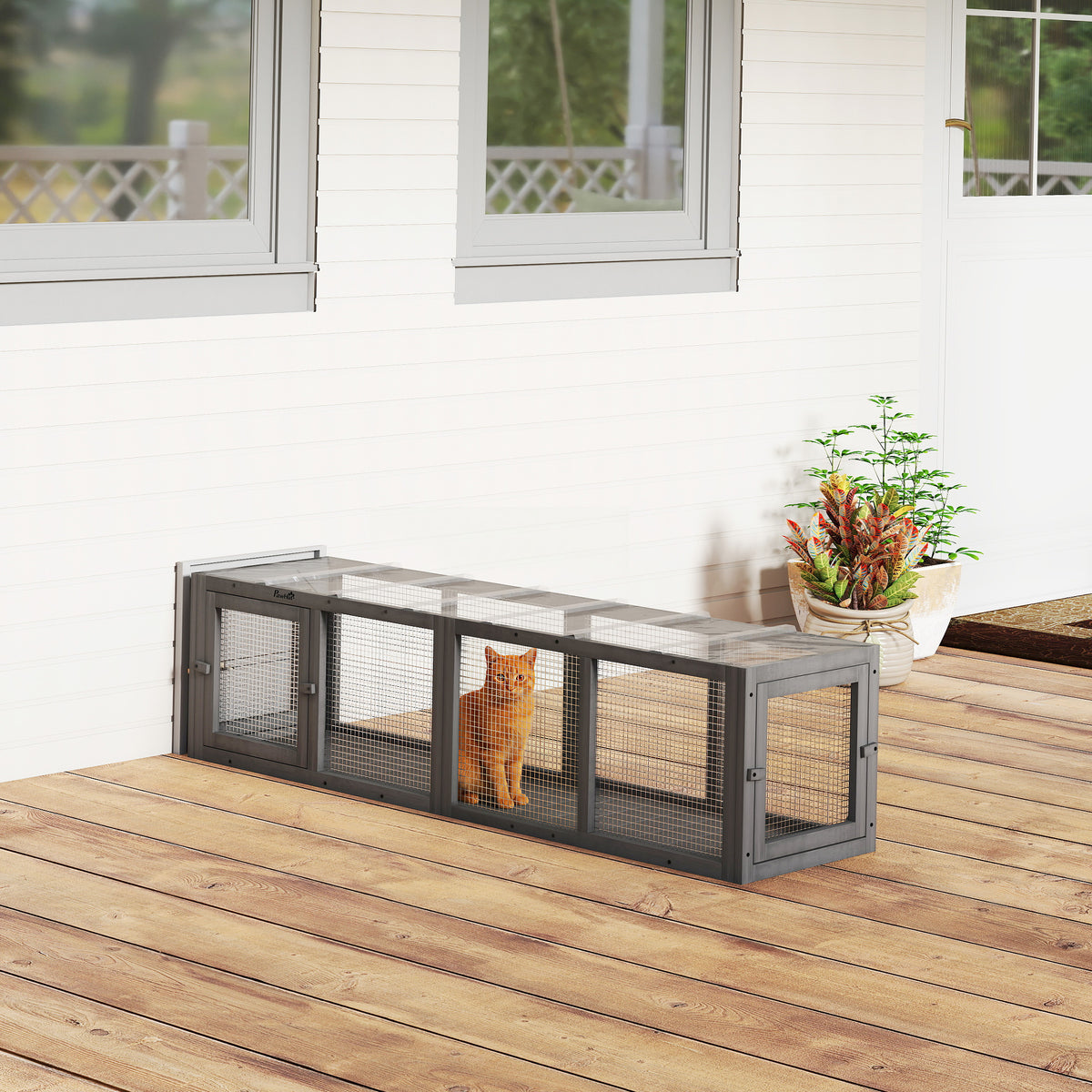 Cat tunnel, wooden cat toy with 3 doors, expandable play tunnel for cats up to 10 kg, 151.5 x 38.5 cm grey (2)