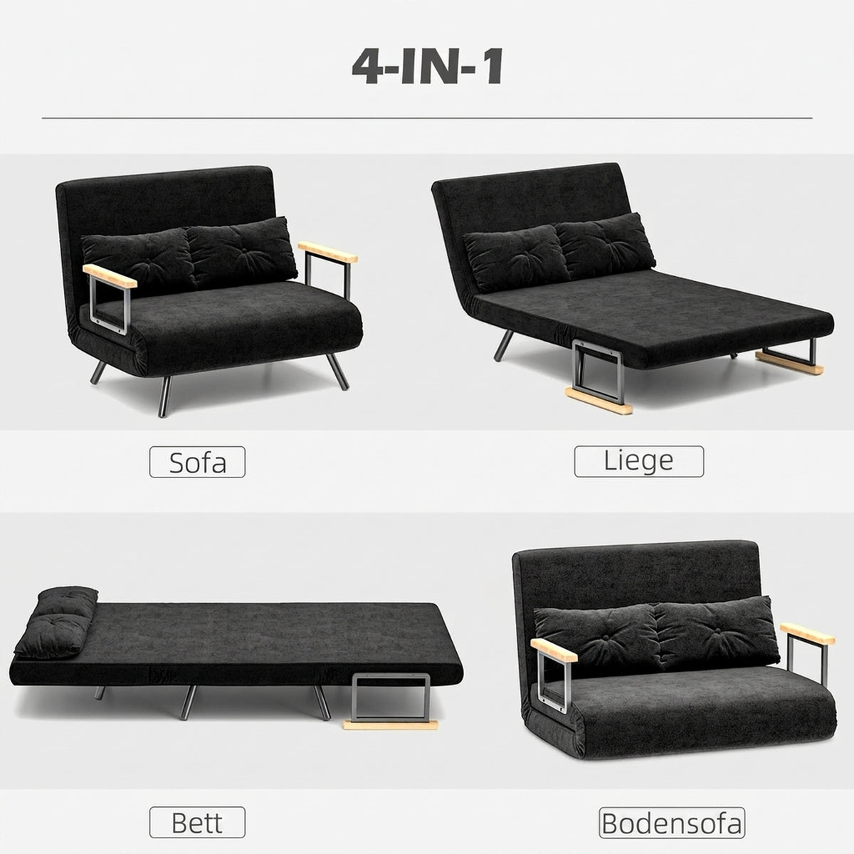 Sofa bed, 2-seater sofa, velvet sofa, sleep function, incl. 2 cushions, velvet look, black (4)