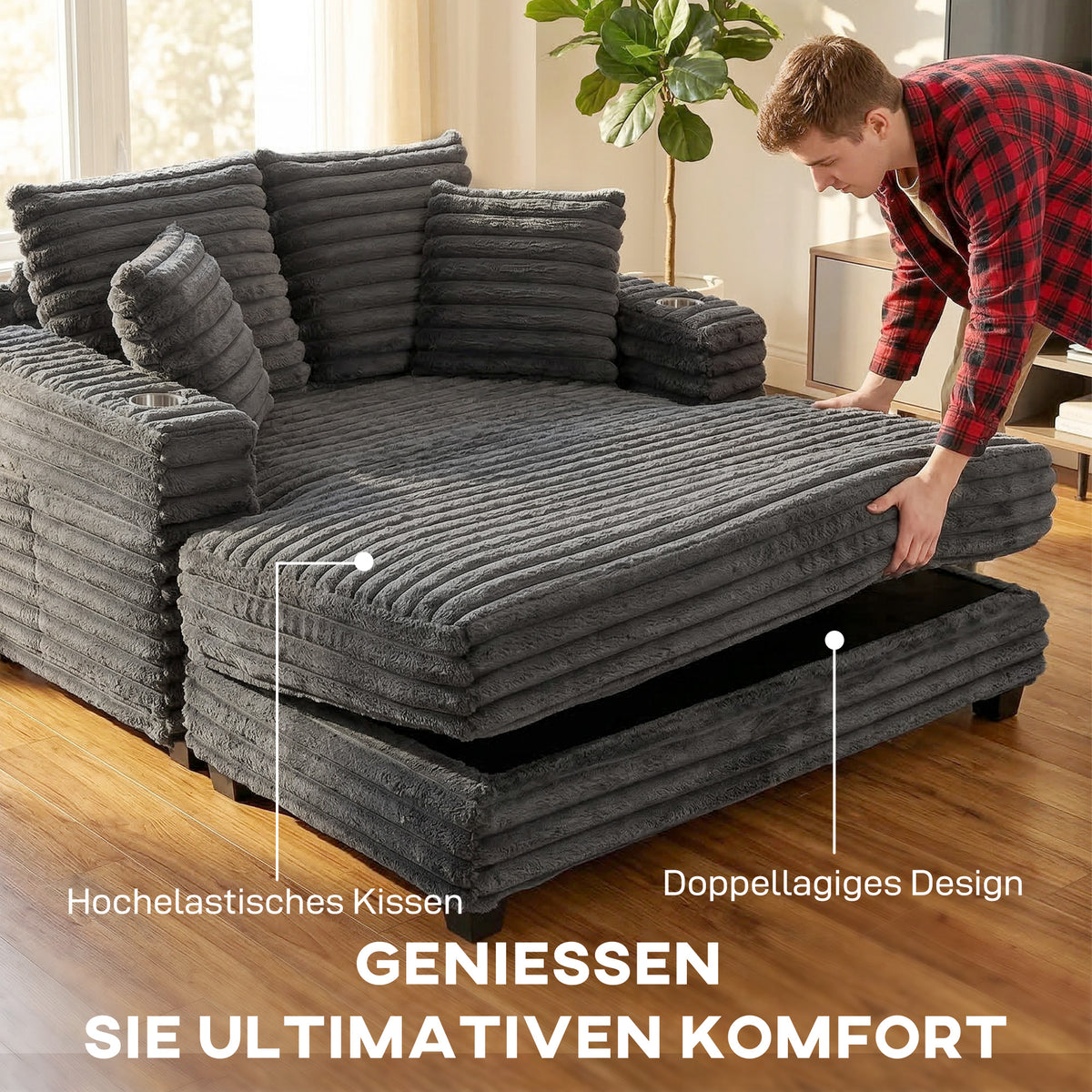 Chaise Longue 2-Seater Large Sofa Bed 134 x 151 cm with Cup Holder for Living Room, Gray (4)