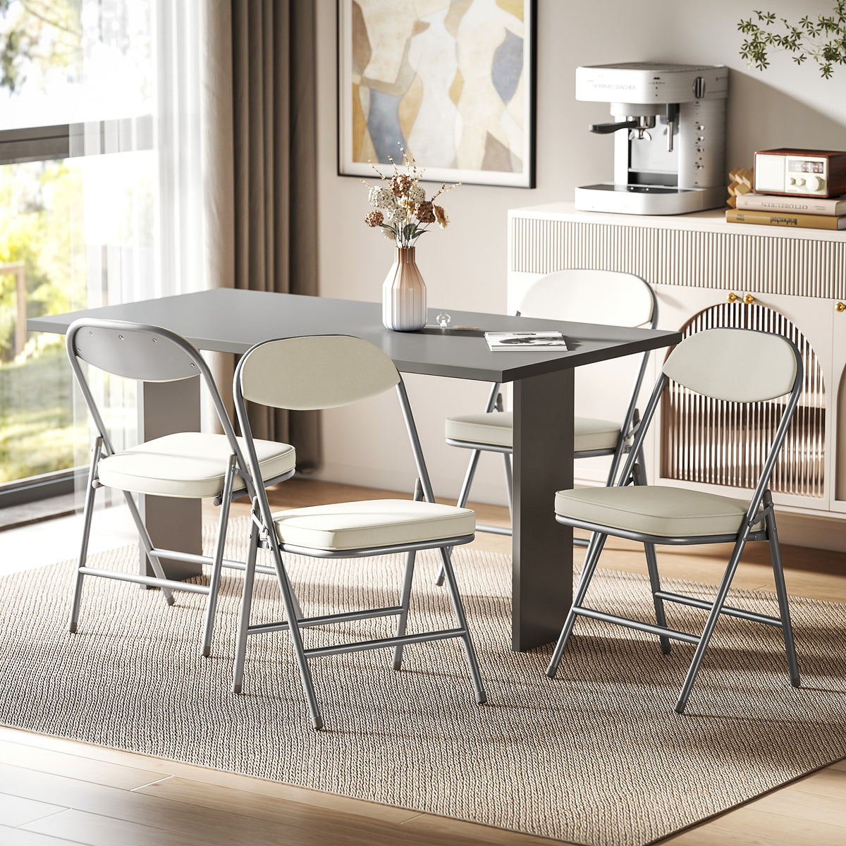 Set of 4 padded folding chairs, foldable chairs with corduroy cover, backrest, metal frame, cream white (2)