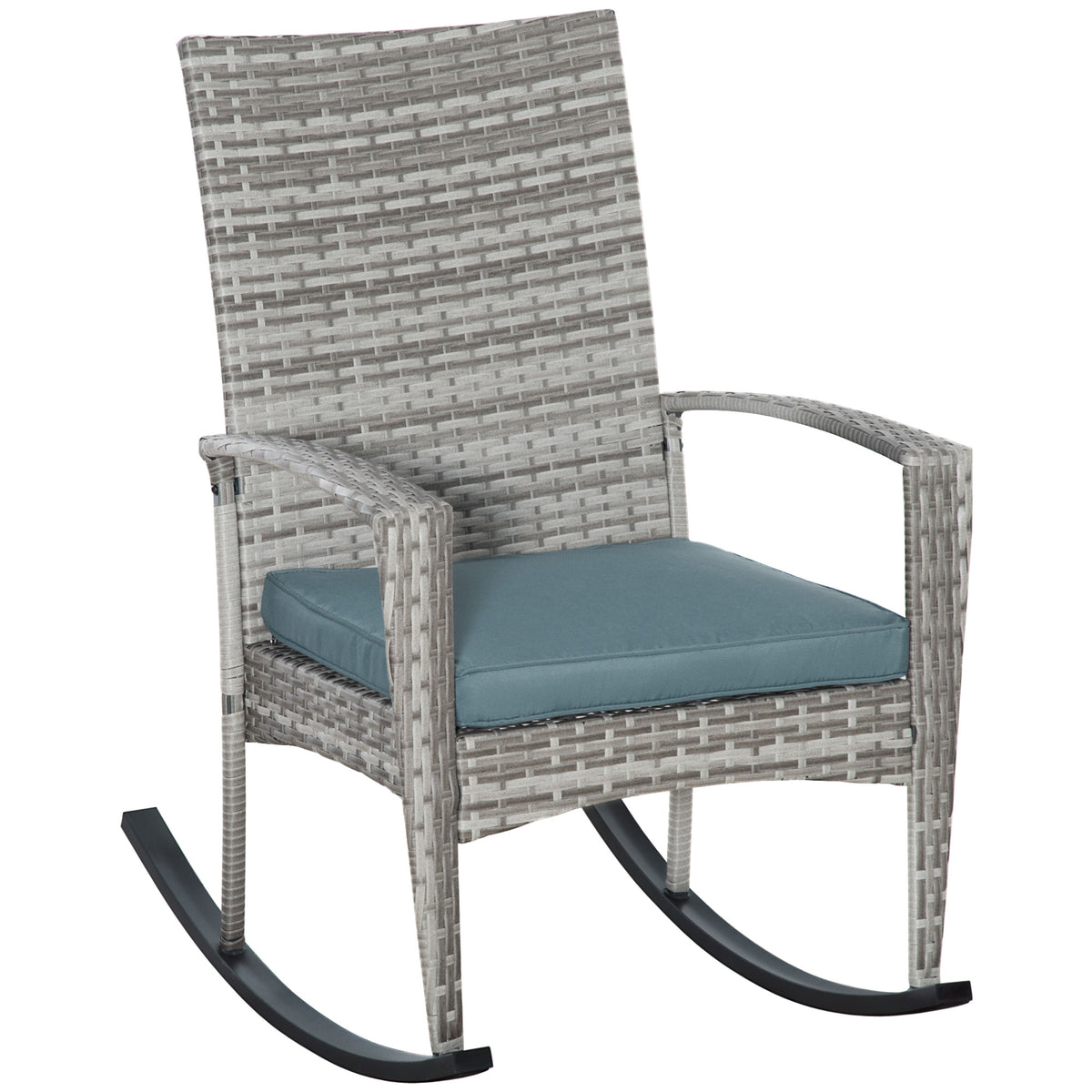 Rocking chair, swinging chair, garden chair with cushion, polyrattan + metal, gray, 66 x 88 x 98 cm