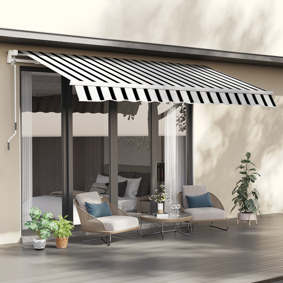 Awning, sun protection, retractable, with hand crank, metal frame, polyester, blue+white, 3.95 x 2.45 x 3.50 m (2)