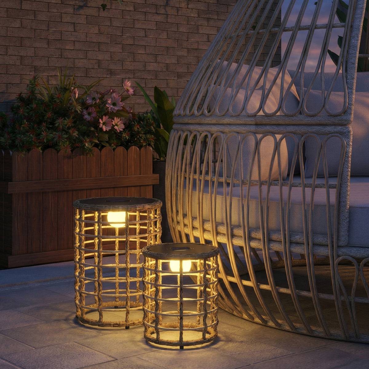 Solar Floor Lamp Set of 2 Rattan Solar Lights with Light Sensor LED Solar Lamp in Boho Style IP44 (2)