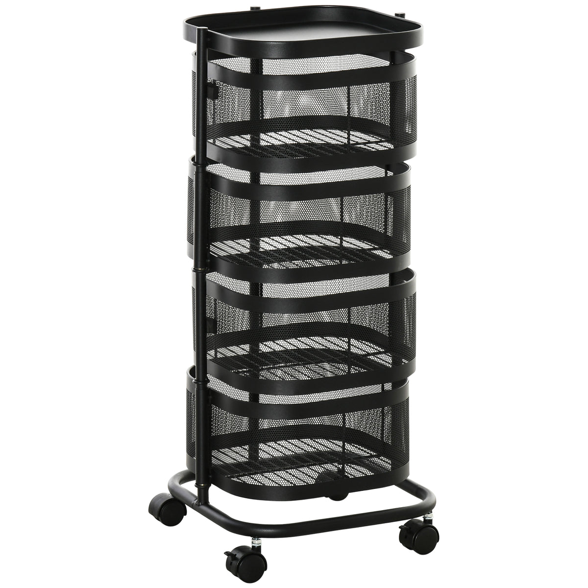 4-Tier Rotating Serving Trolley Kitchen Cart with Wheels Wire Basket Rolling Cart with Top Shelf 33x33x77 cm