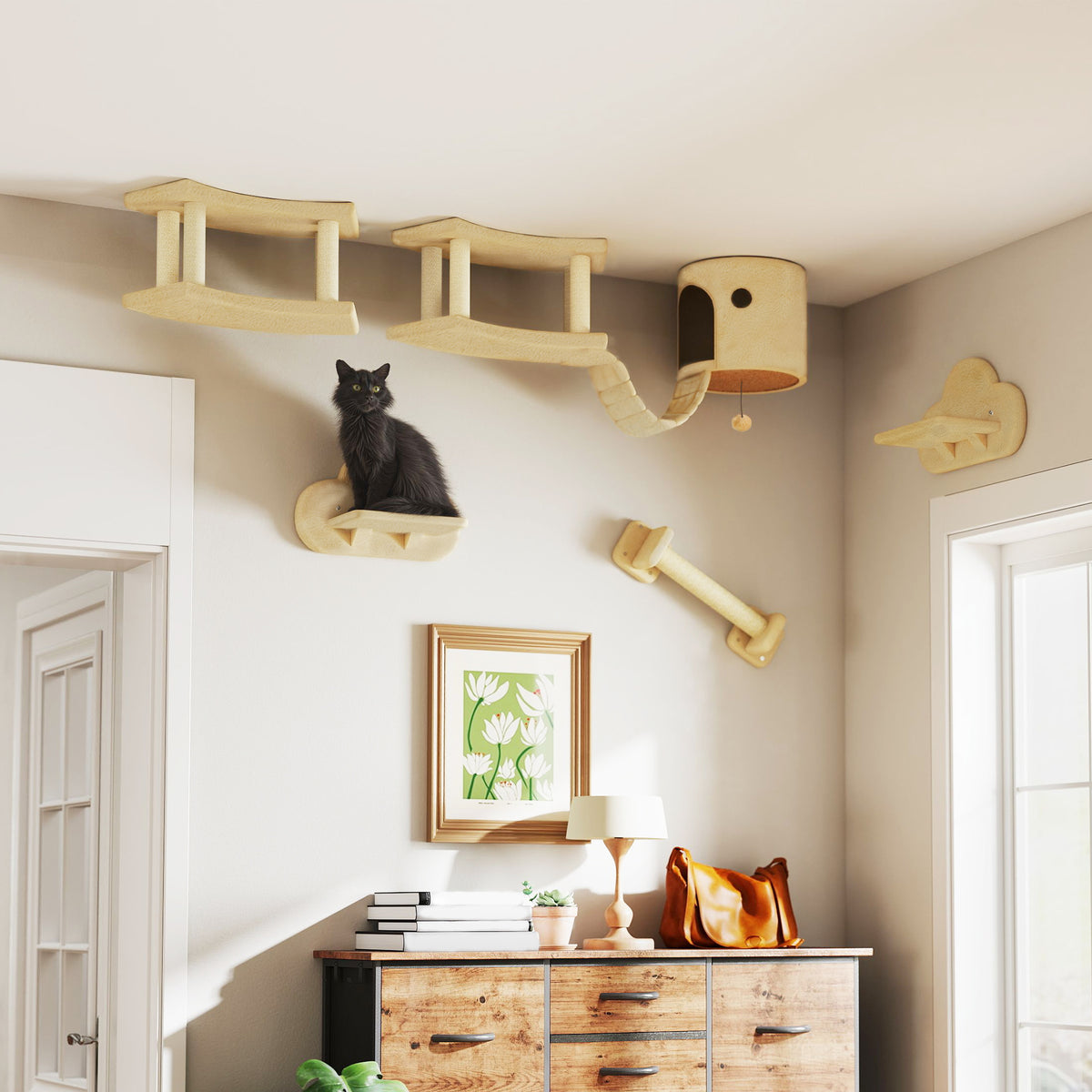 5-piece cat climbing set with scratching post, jumping platforms, ladder, house, wall-mounted, beige (2)