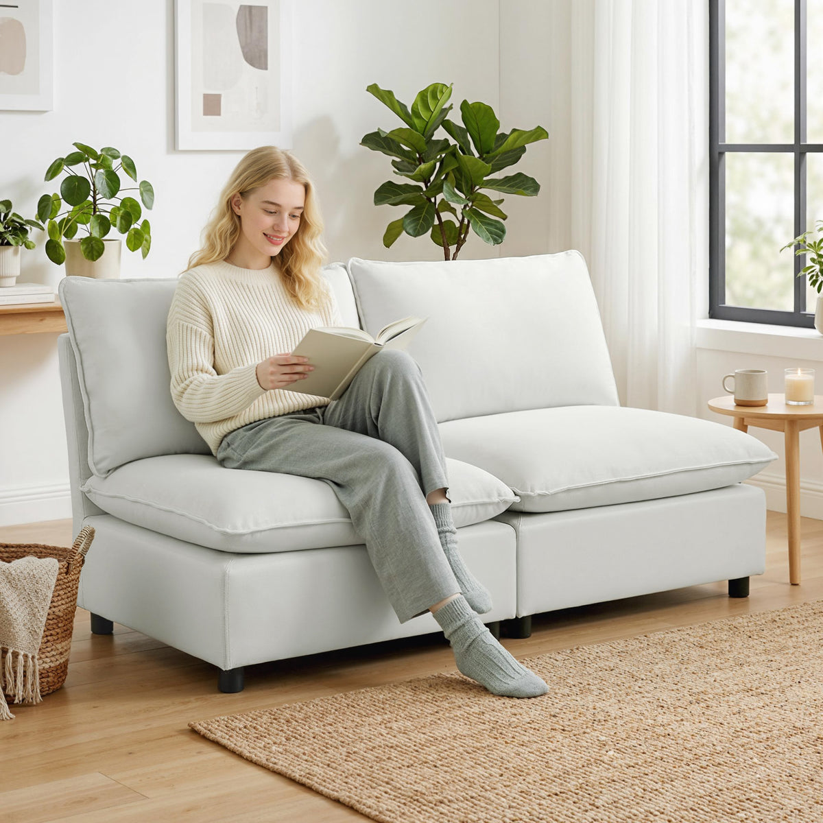 2-seater sofa, 146 cm faux leather modular sofa with wide and deep seat, thick cushions, easy assembly, grey (2)