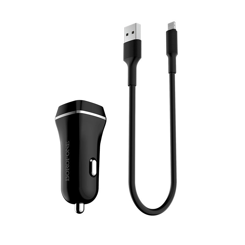 Borofone - Car charger 2x USB, Lightning cable included, black – packaging