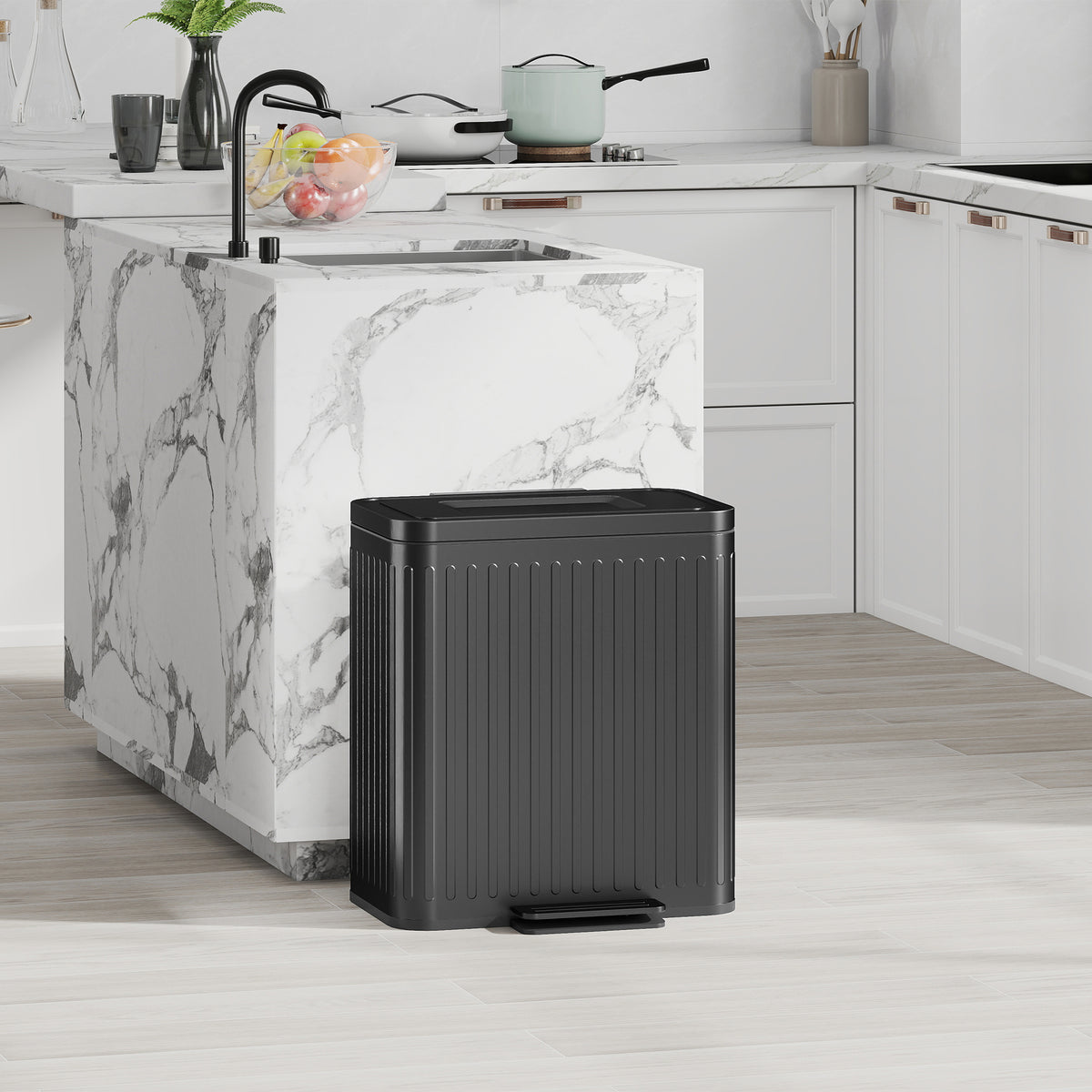 Kitchen trash can, 2 x 20 L compartments, efficient waste separation, foot pedal, plastic, metal, black (2)
