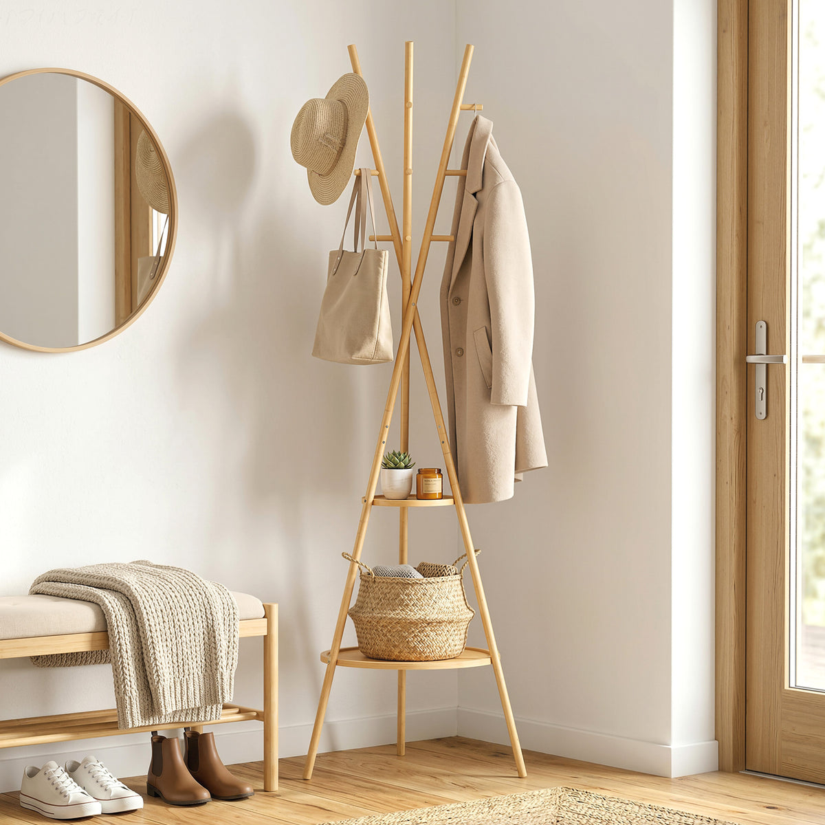 Freestanding coat rack with 9 hooks and 2 shelves for the entryway, natural (2)