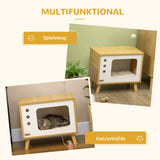 TV-design cat cave incl. toy, washable cushion, 50 cm x 28 cm x 43 cm, oak + beige + white (4)