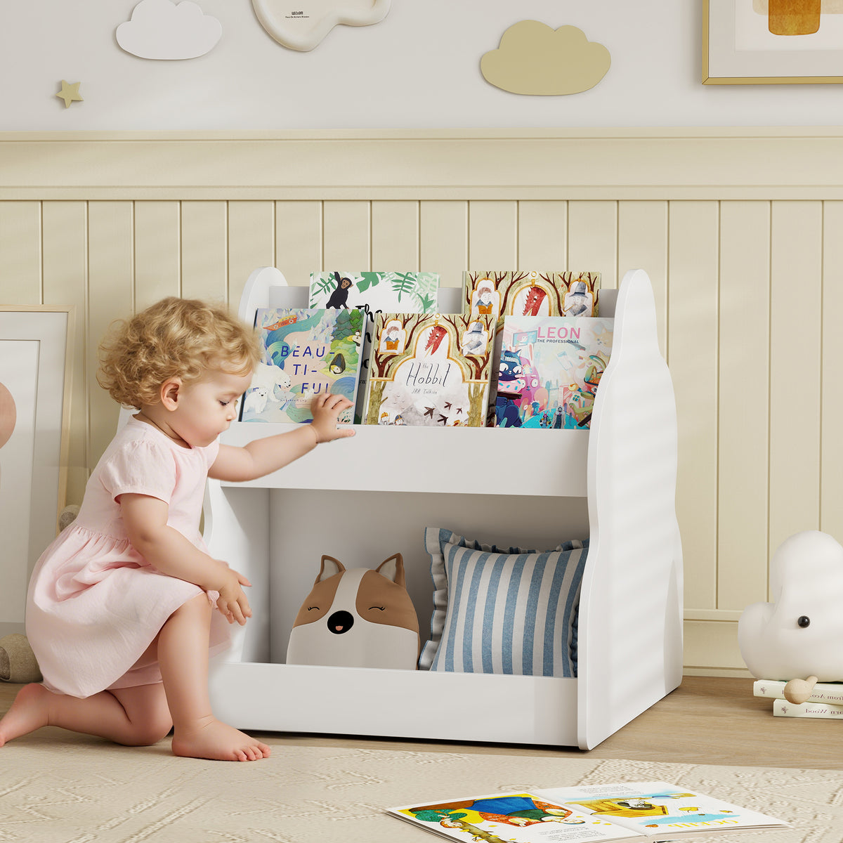 Kids' bookshelf, 2-tier children's bookcase with wheels, 4 shelves, for nursery, playroom, 54x50x56 cm, white (2)