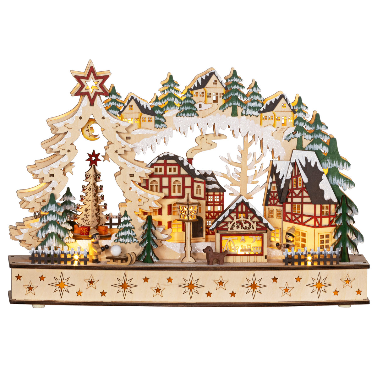 Christmas village in a winter wonderland, 20 LED lights, multi-layered, natural wood, 45 x 12 x 30 cm