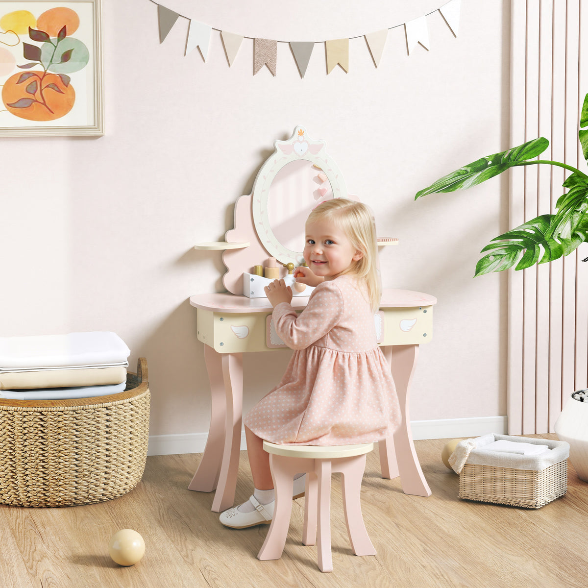 Children's dressing table, chair, drawer, detachable mirror, children's desk with 7 accessories, 2-in-1 design (2)