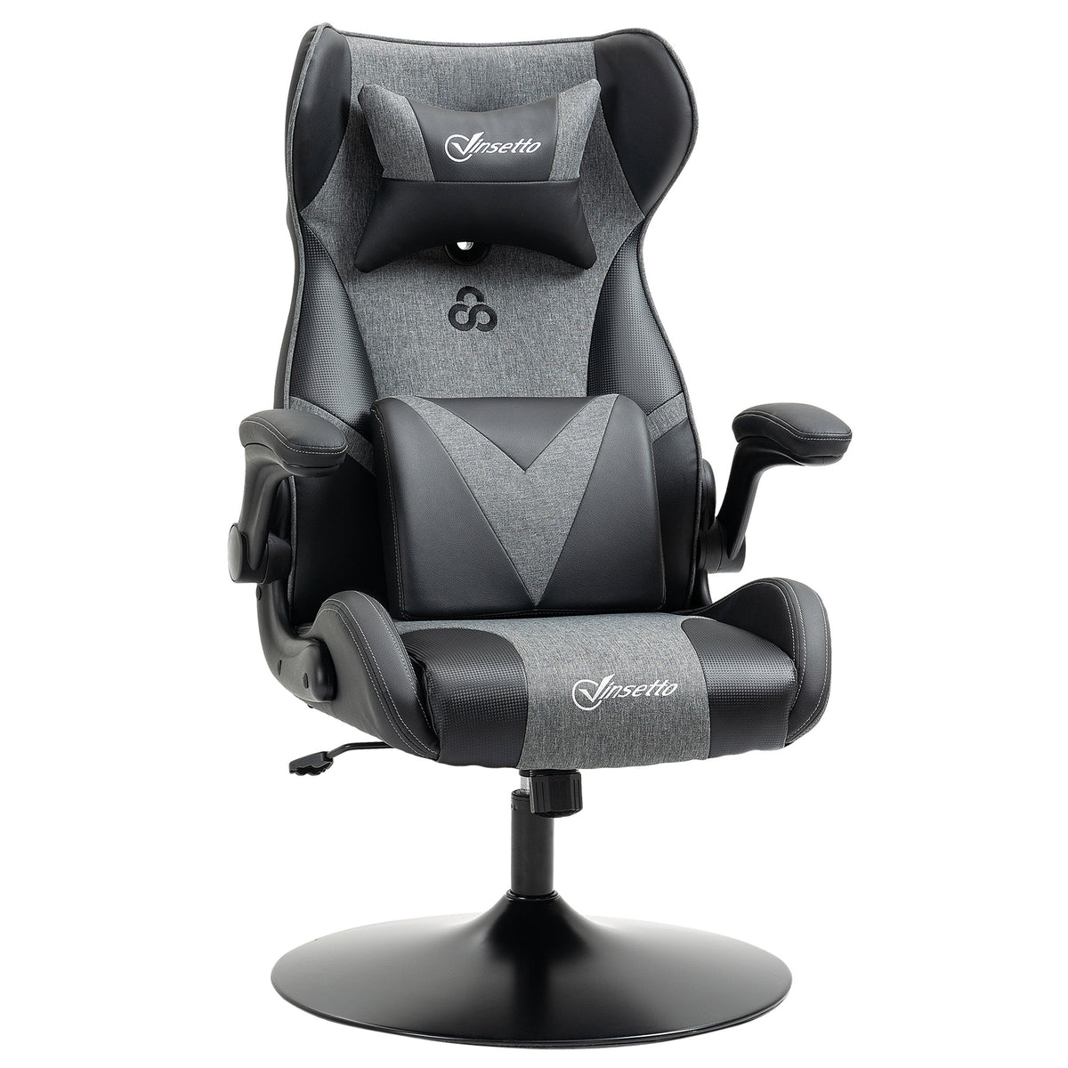 Gaming chair, height-adjustable & swivel, faux leather cover, foldable armrests, black+gray