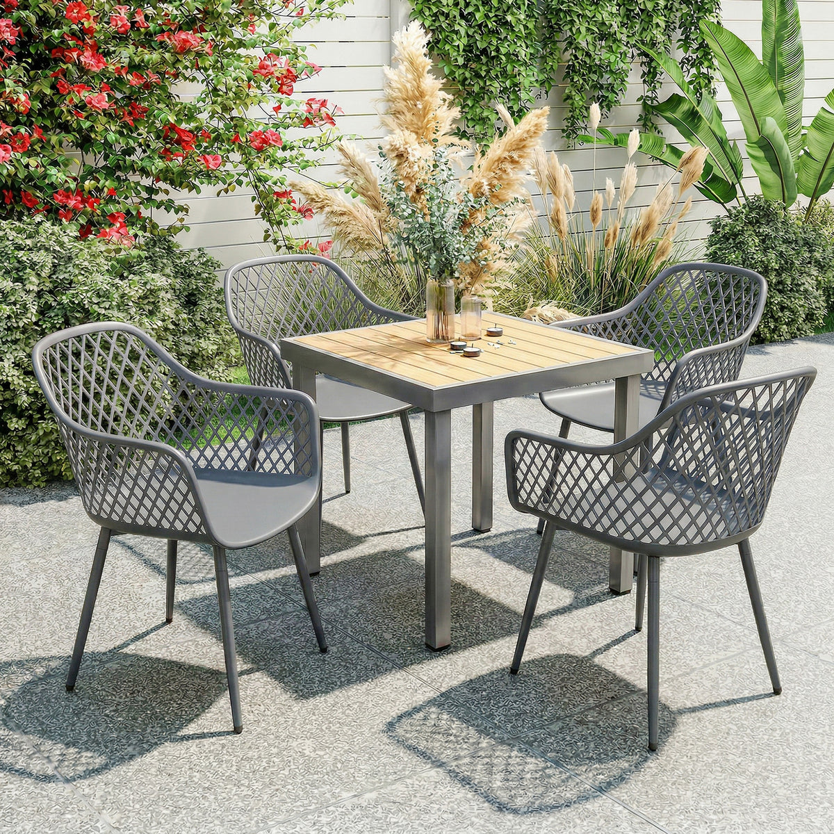 Garden chair set of 4, UV-resistant plastic garden chairs with armrests and backrest, 56 x 51 x 84 cm, dark gray (2)