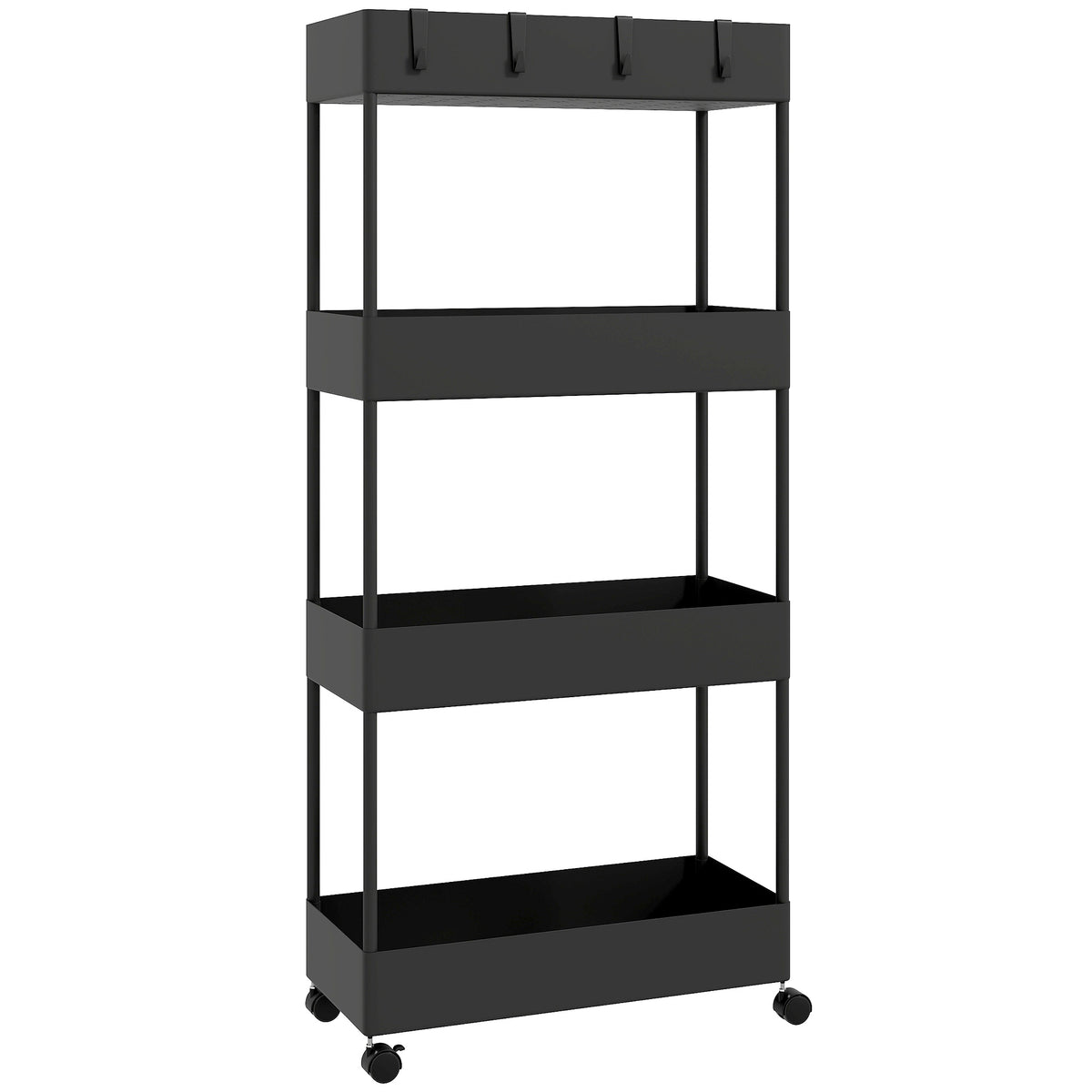 Kitchen trolley with 4 shelves, 4 flexible hooks, 4 wheels, 40 cm x 19 cm x 90 cm, slim storage cart, black