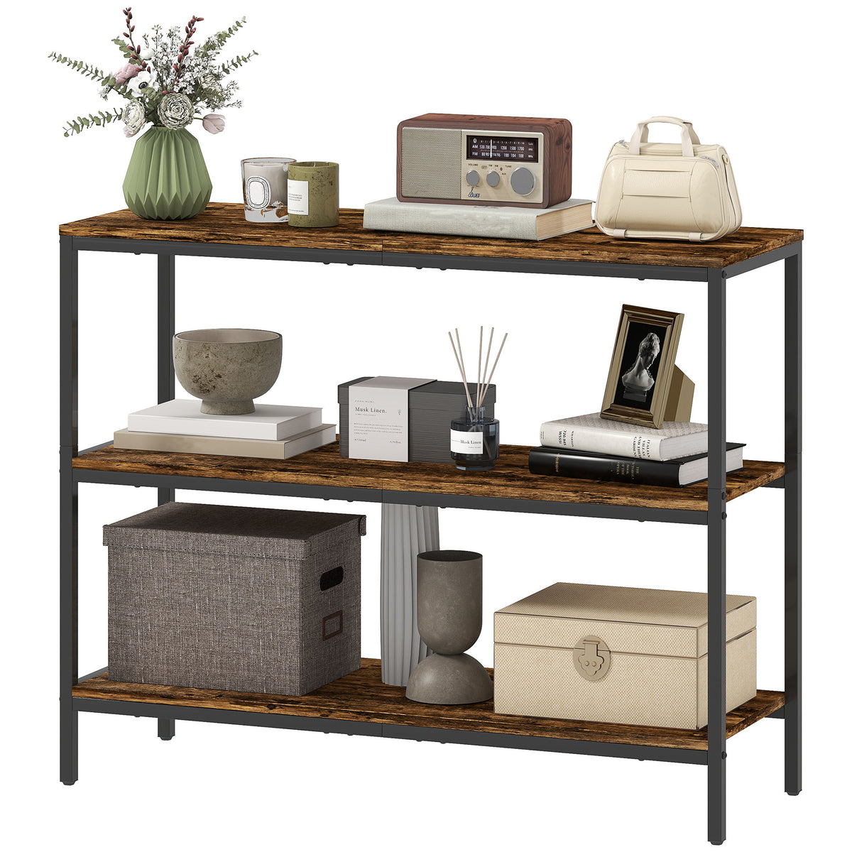 Console table, side table with 3-tier shelf, particle board, metal, light brown