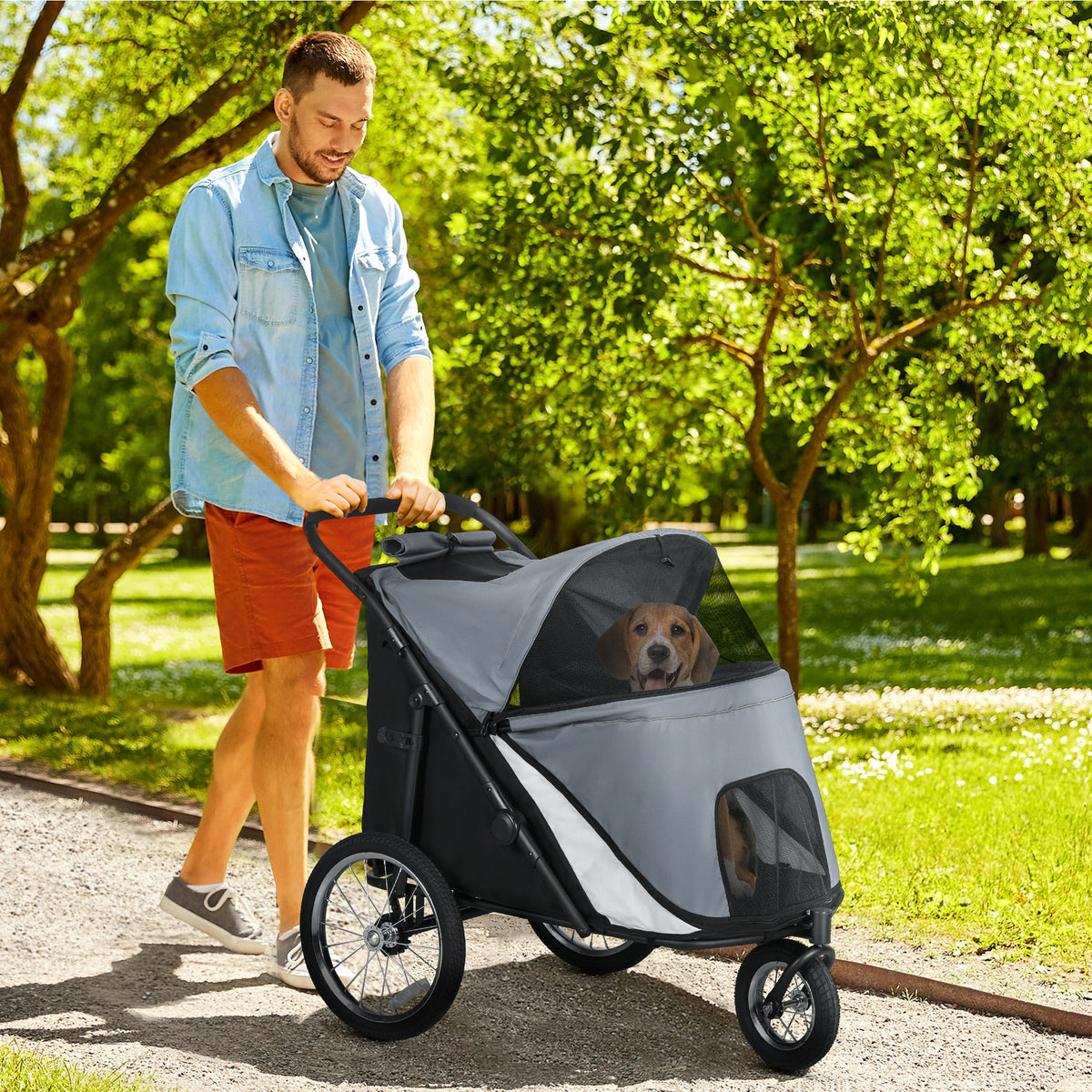 Dog stroller, foldable, collapsible, cushion, steel frame, grey/black (2)