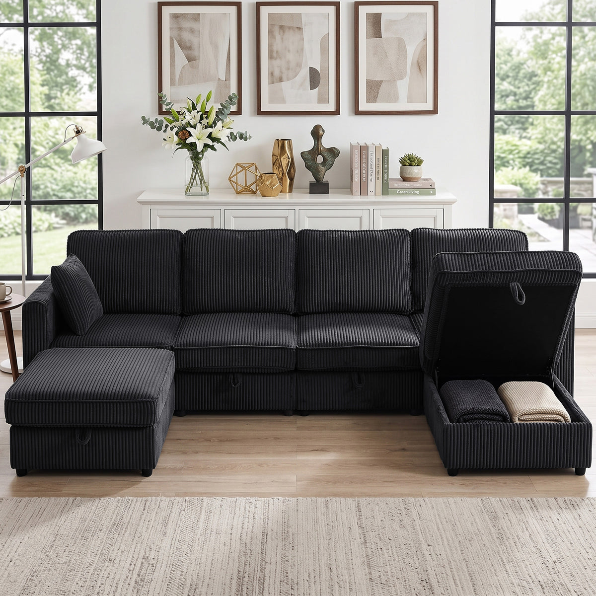 4-seater U-shaped corner sofa with storage ottoman, 306 cm corner couch in corduroy look, 4 cushions, for living (2)