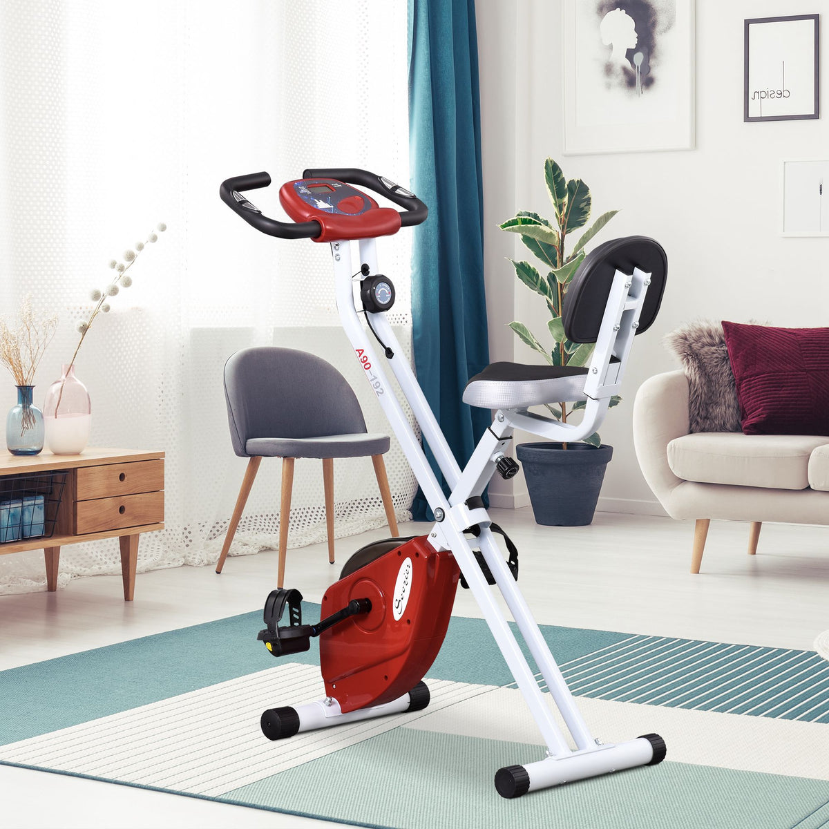 Exercise bike with magnetic resistance, 8 levels, height-adjustable, LCD display, red + white (2)