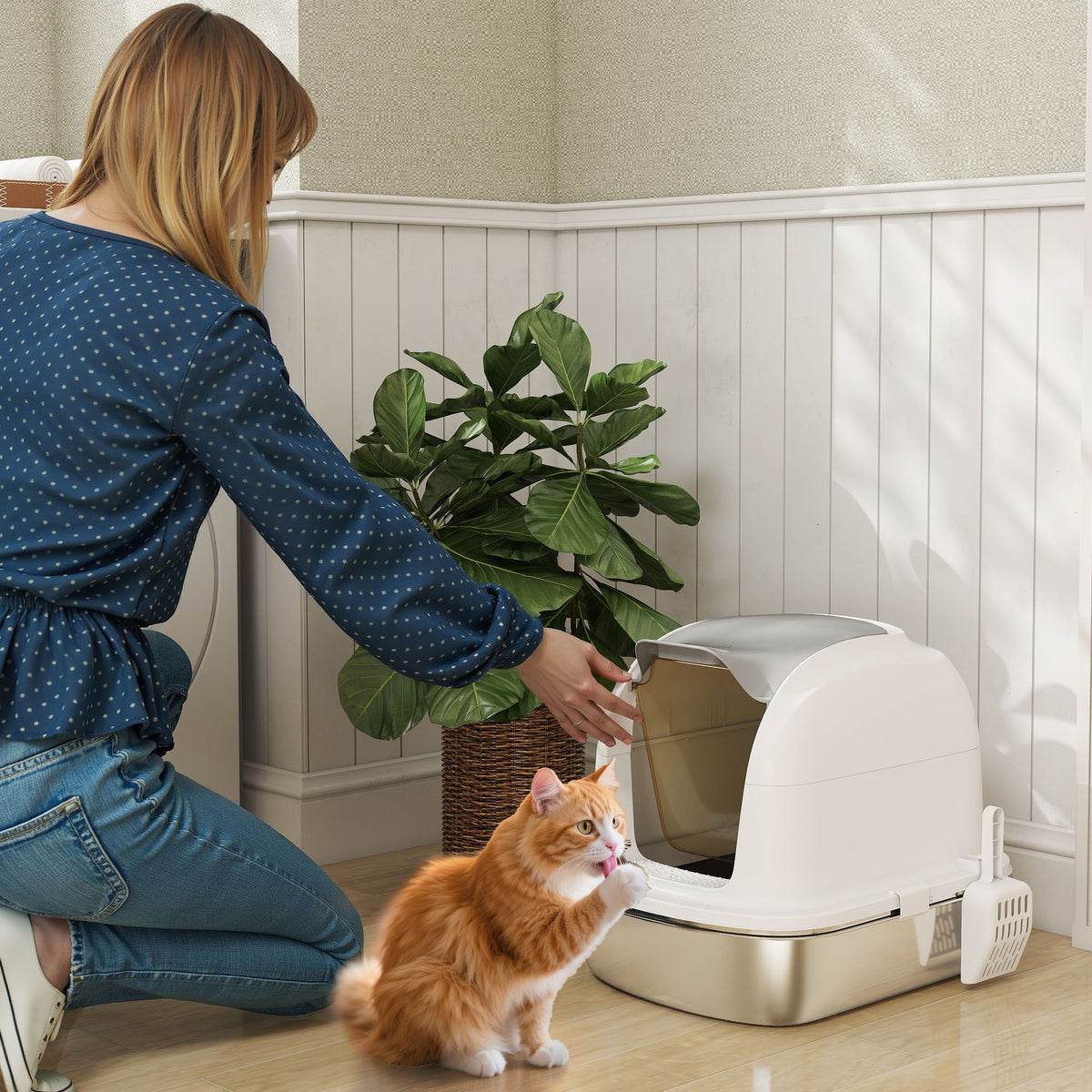 Stainless steel cat litter box with lid, litter box with tray, litter scoop, for cats under 5 kg, 52.4 x 41.3 x (2)