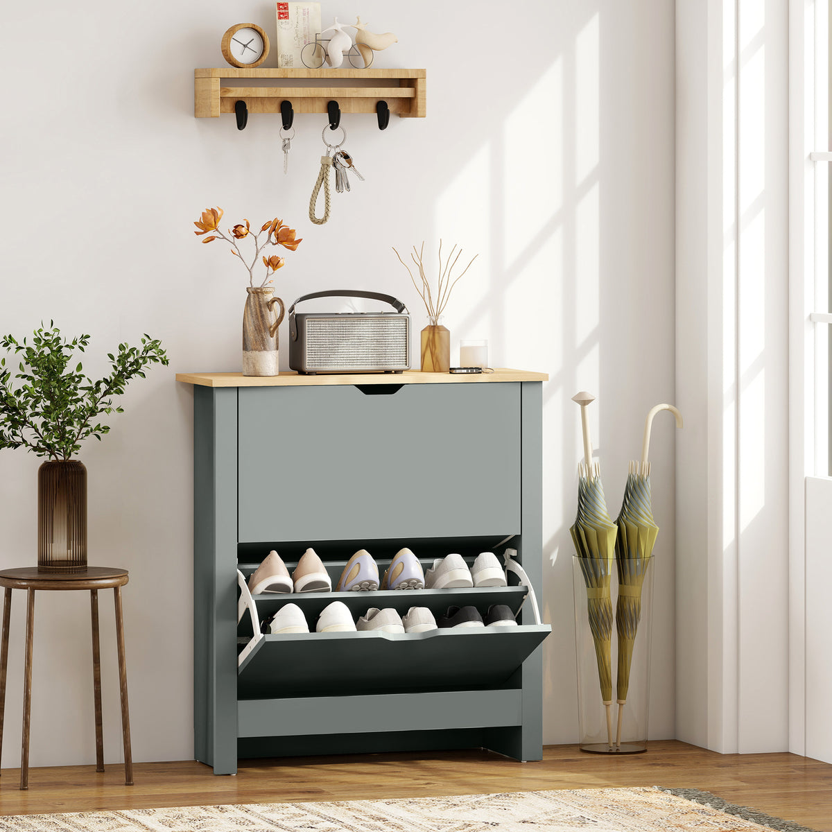 Shoe cabinet with 2 tilt-out compartments, adjustable divider for 8-12 pairs of shoes, 72 x 26 x 80 cm, light (2)
