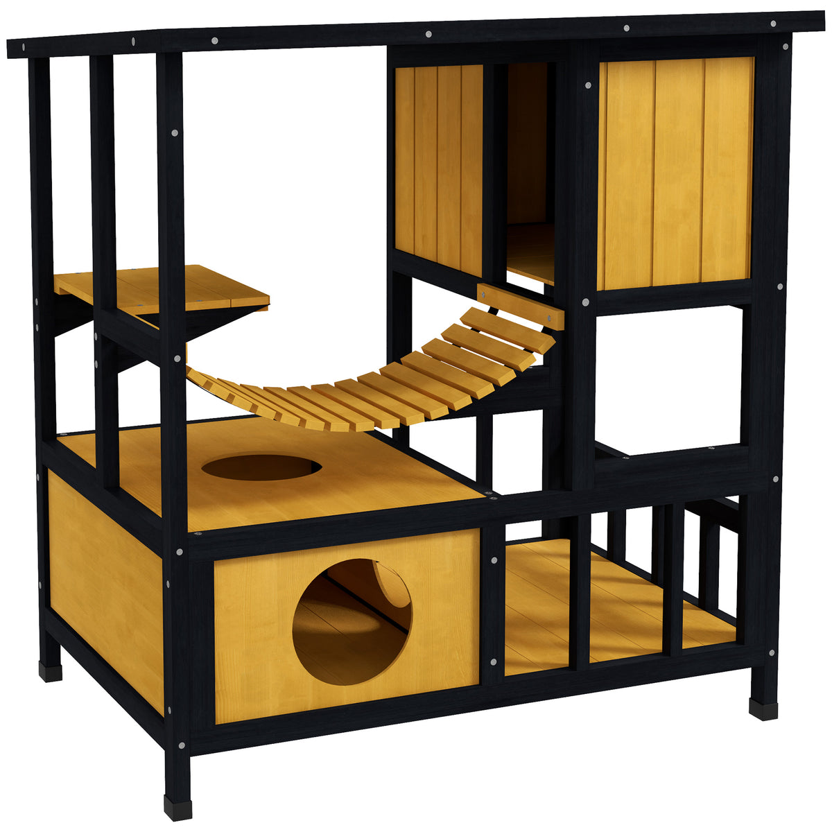 Cat house, cat hut, cat cave, weather-resistant, 1 ramp, 1 platform, 84.5 x 60 x 88 cm, green + natural