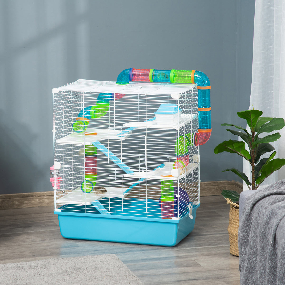 5-Tier Hamster Cage, Small Animal Wire Cage with Exercise Wheel, Ramp, Water Bottle, Food Bowl, Mouse Cage for (2)