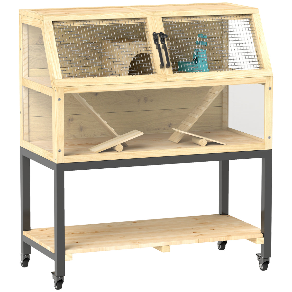 Dwarf hamster cage made of wood with storage compartment, wheels, ramps, water bottle, hut, seesaws, 87 x 43 x