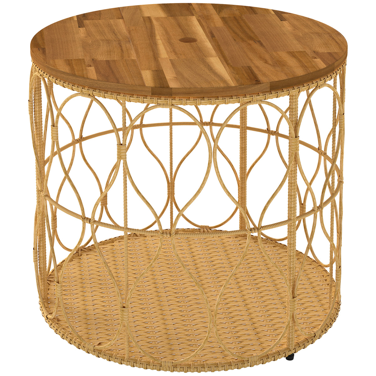 Side table Ø50 cm weather-resistant garden table with rattan look, acacia wood top, and adjustable feet, teak
