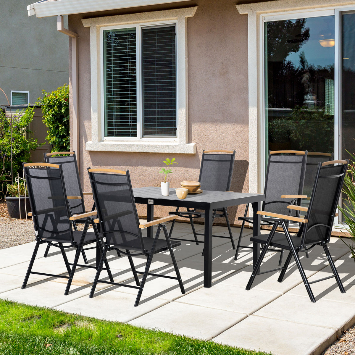 Foldable seating set for 6 people, 1 table + 6 chairs, garden furniture set, seating group, aluminium mesh (2)