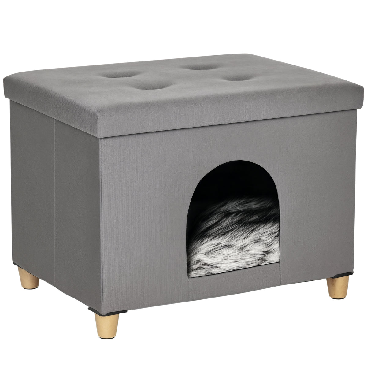 2-in-1 Cat Cave Footstool with Cushion Wooden Legs Cat House Cat Basket Soft Padded Ottoman Elegant Design