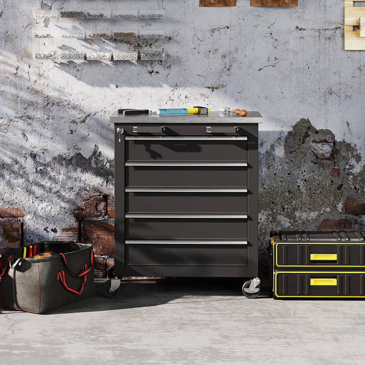 Tool cabinet with 5 drawers, rolling tool chest, steel tool trolley, silver tone+black (2)