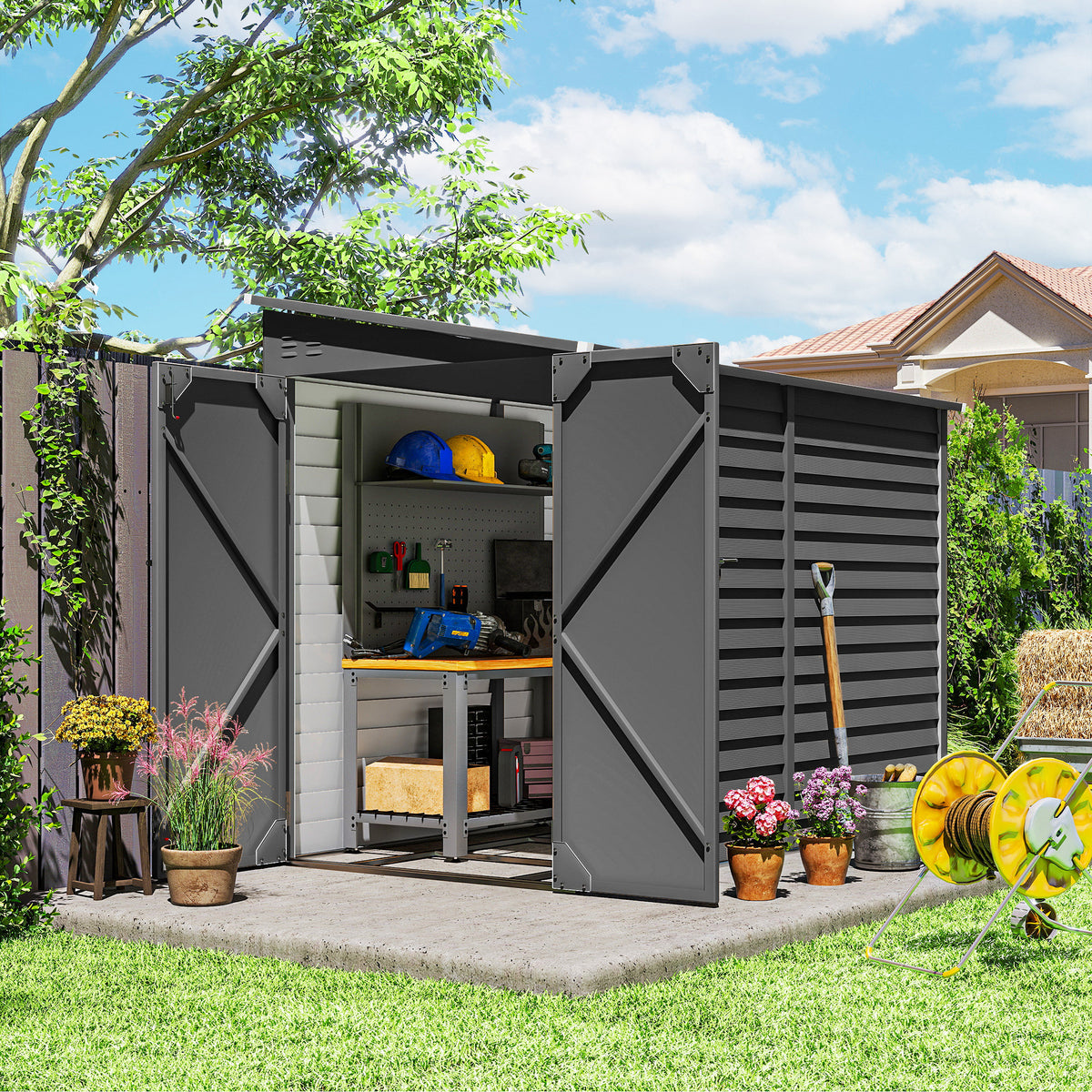 Metal Tool Shed 3.5m² 143x270x202cm Garden Shed with Pent Roof, Lockable Double Door, Foundation, Air Vents (2)