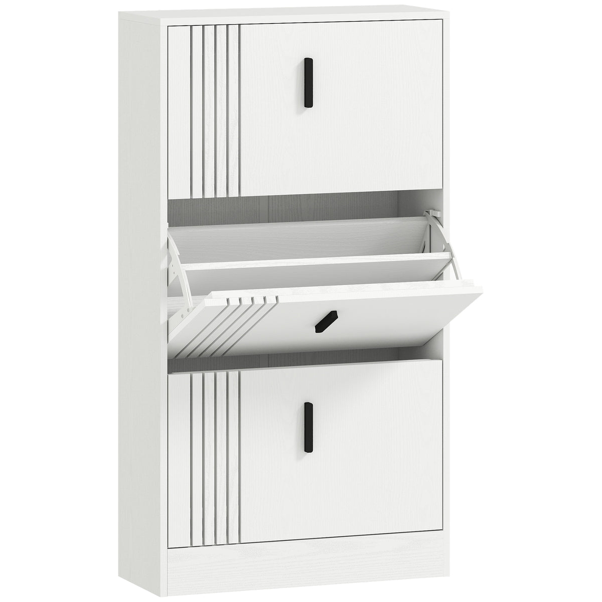 Shoe cabinet for up to 18 pairs of shoes with 3 drop-down doors and adjustable shelves, white