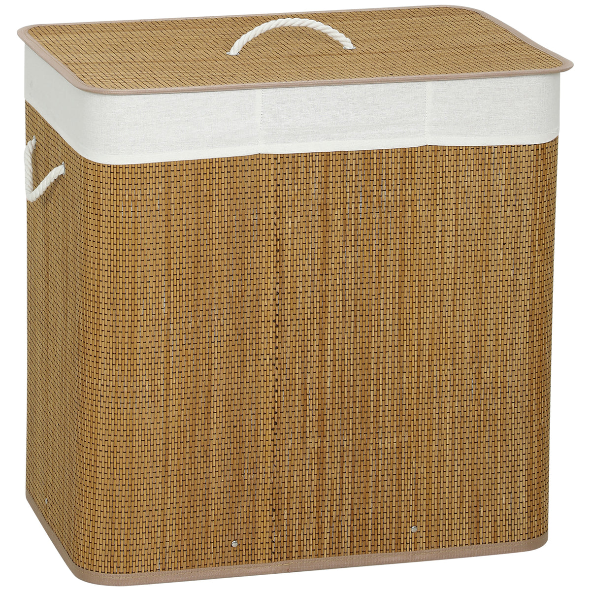 Bamboo laundry hamper with lid, 3 compartments, 144L laundry sorter with rope handles, removable laundry bag