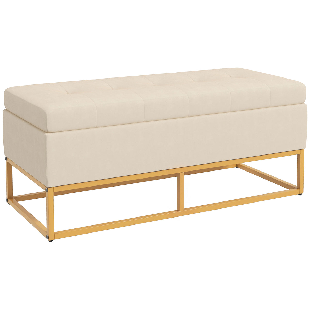 Storage bench with storage space, decorative button tufting, flannel look, gold-colored steel legs, 110 x 47 x