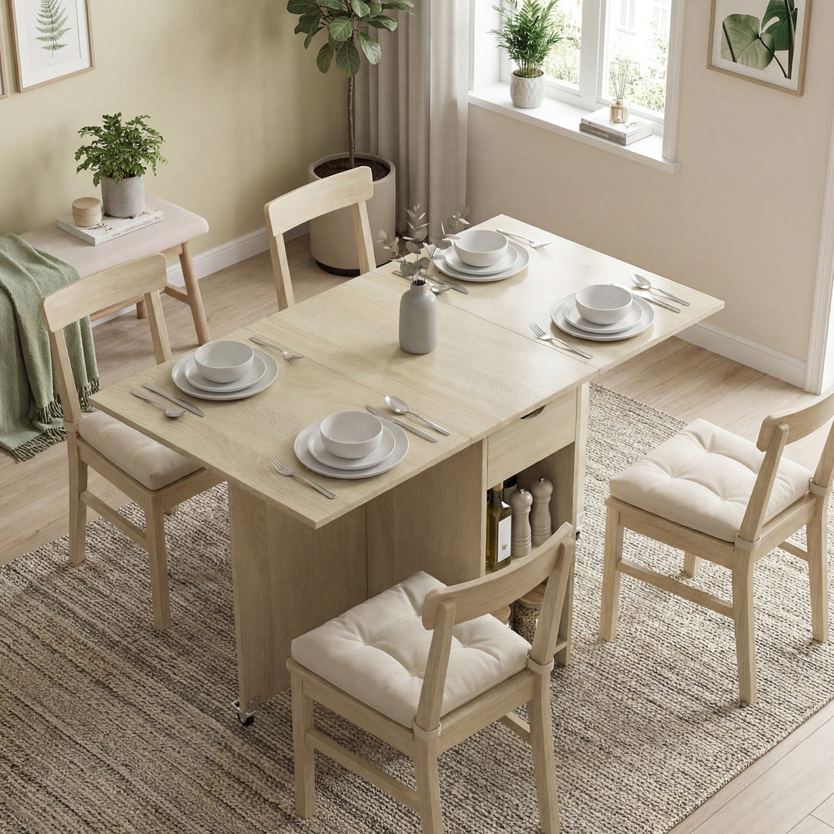 Foldable dining table for 2-4 people, rolling table with open compartment and drawer, ideal for small spaces (2)